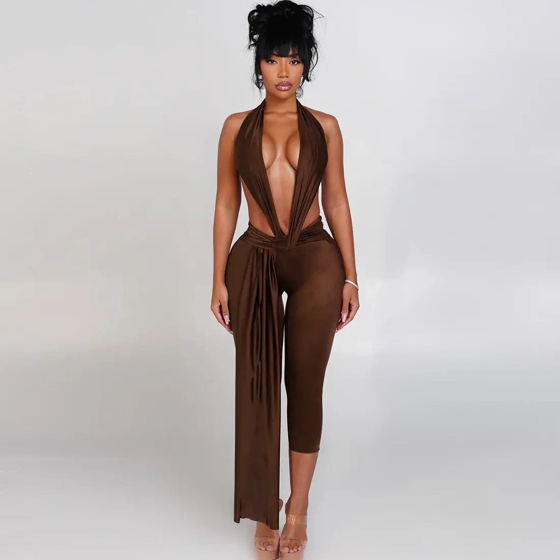Solid-Color Sexy Chic Sleeveless Halterneck Backless Bodycon Jumpsuit