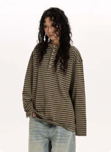 Retro Classic Striped Simple Long sleeved Shirt Relaxed Feel Green - Shop at LoveMi