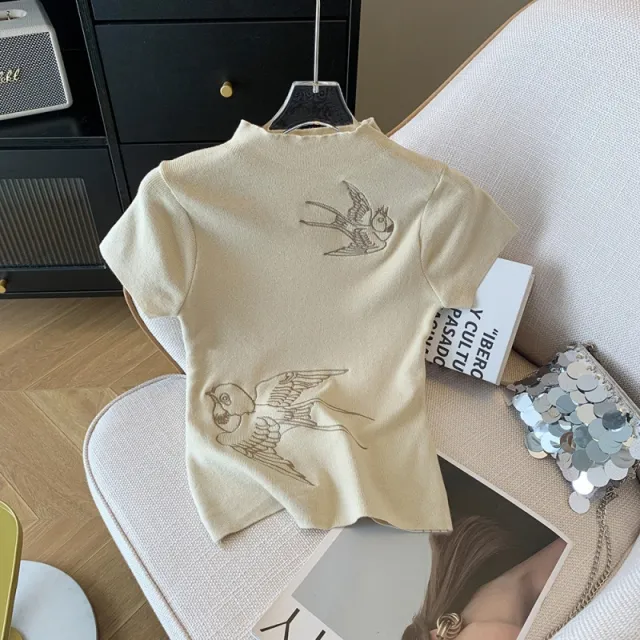 Fashionable Retro Embroidered Short Sleeve T Shirt Elegant Versatile Stand Up Collar Cropped Top Apricot - Shop at LoveMi
