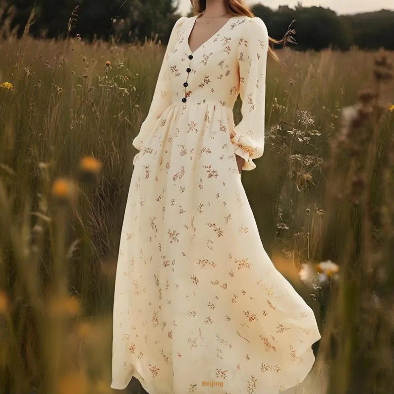 Women's Floral Printed Relaxed-fit Casual Long Dress - Yellow