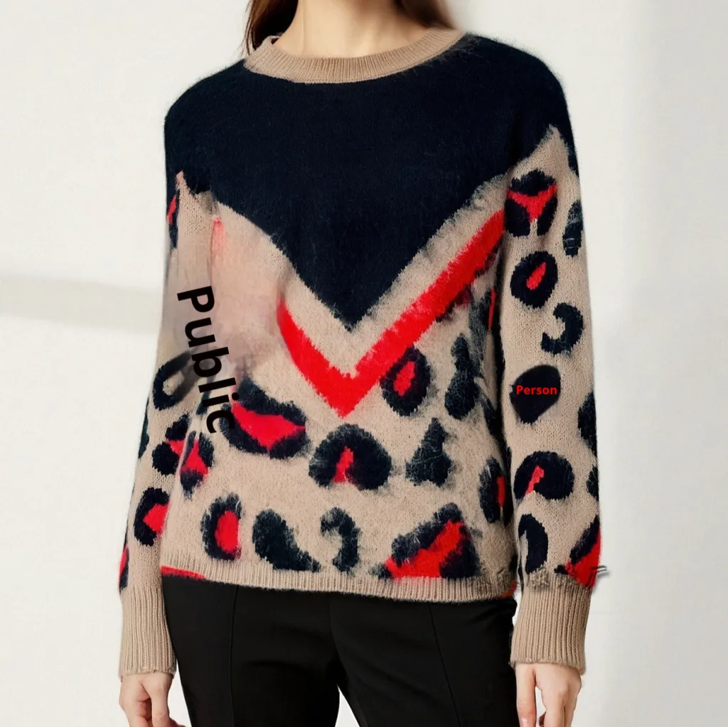 Women's Plush Printed Knitted Pullover With Round Neck And Leopard Print - Black