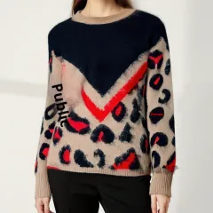 Women's Plush Printed Knitted Pullover With Round Neck And Leopard Print - Black - View 1