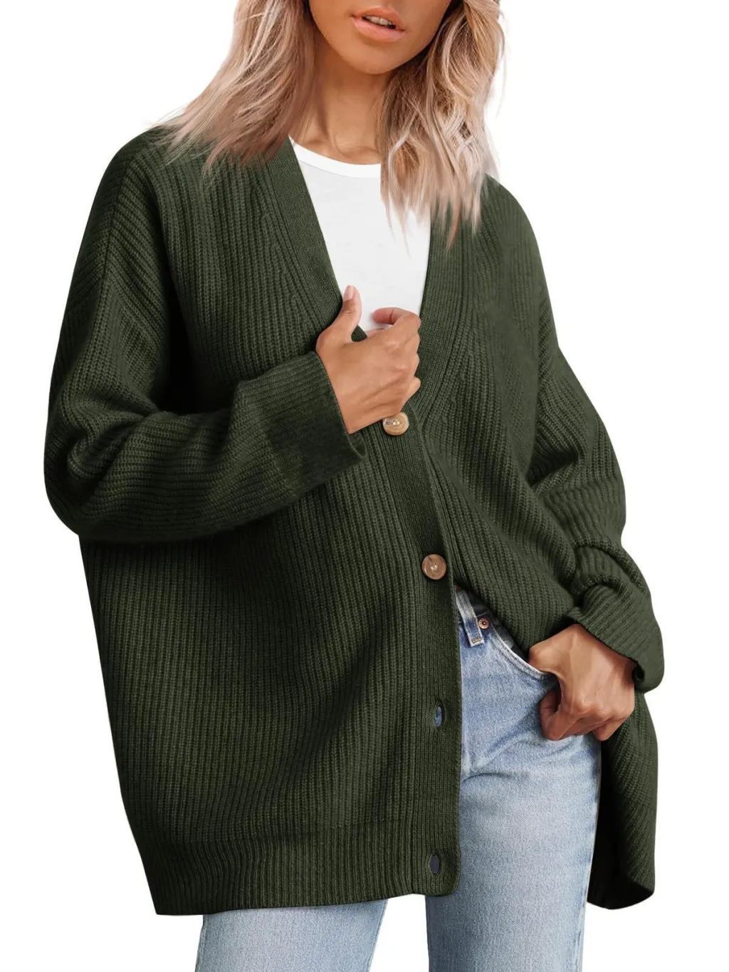 V-neck Flattering Knit Cardigan Women - Green