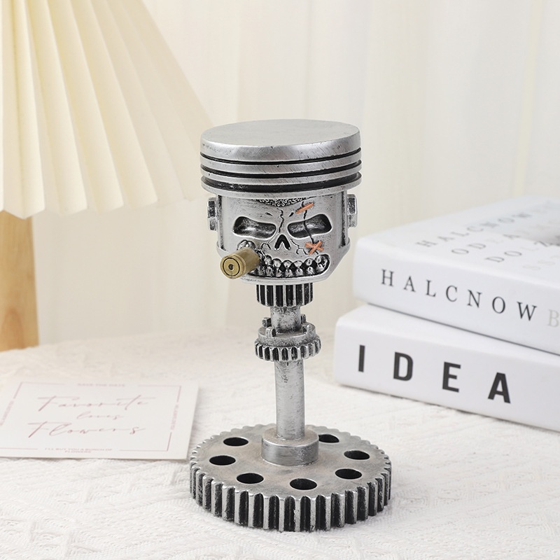 Piston Skull Face Sculpture Resin Gear Ornament (Spiked