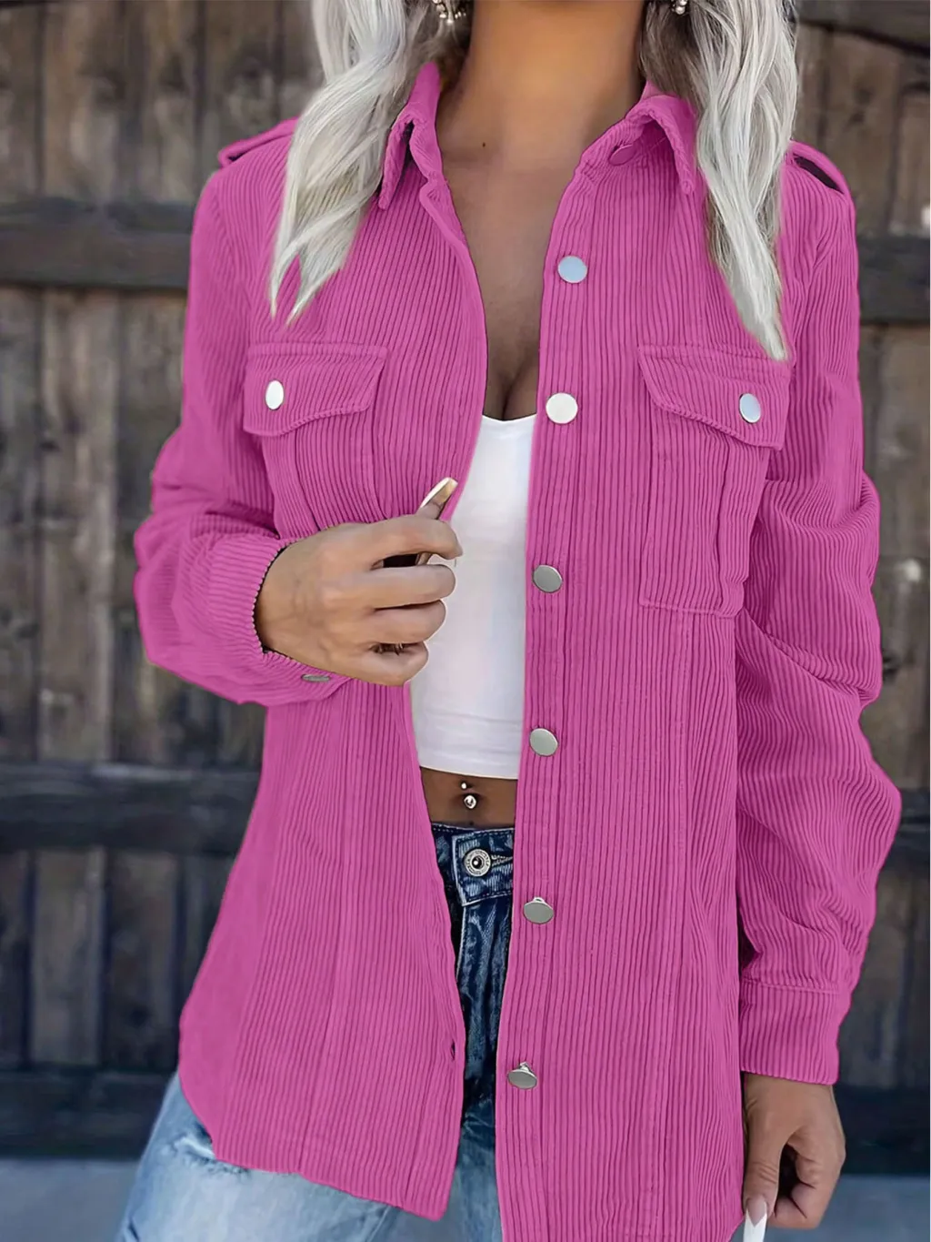 Women's Solid-color Corduroy Long Shirt With Flap Pockets - Hotpink