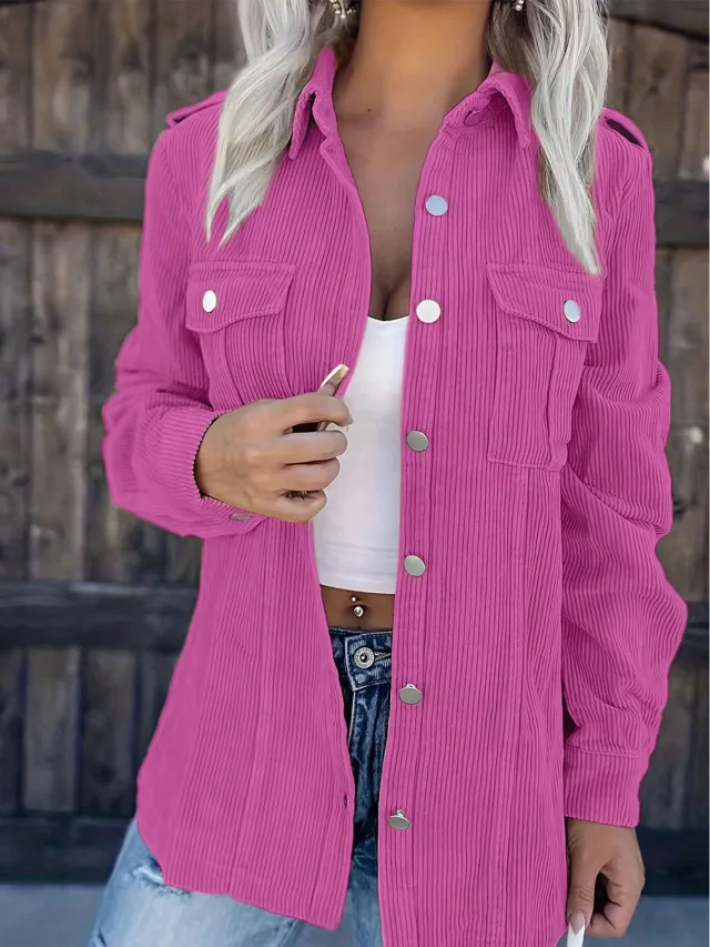 Women's Solid color Corduroy Long Shirt With Flap Pockets Hotpink - Shop at LoveMi