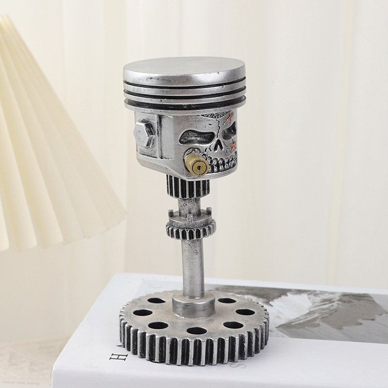 Piston Skull Face Sculpture Resin Gear Ornament (Spiked