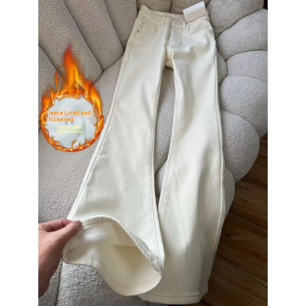 American-style Vintage Khaki Flared High-waist Brown Maillard Loose Floor-length Pants - White Plus Velvet