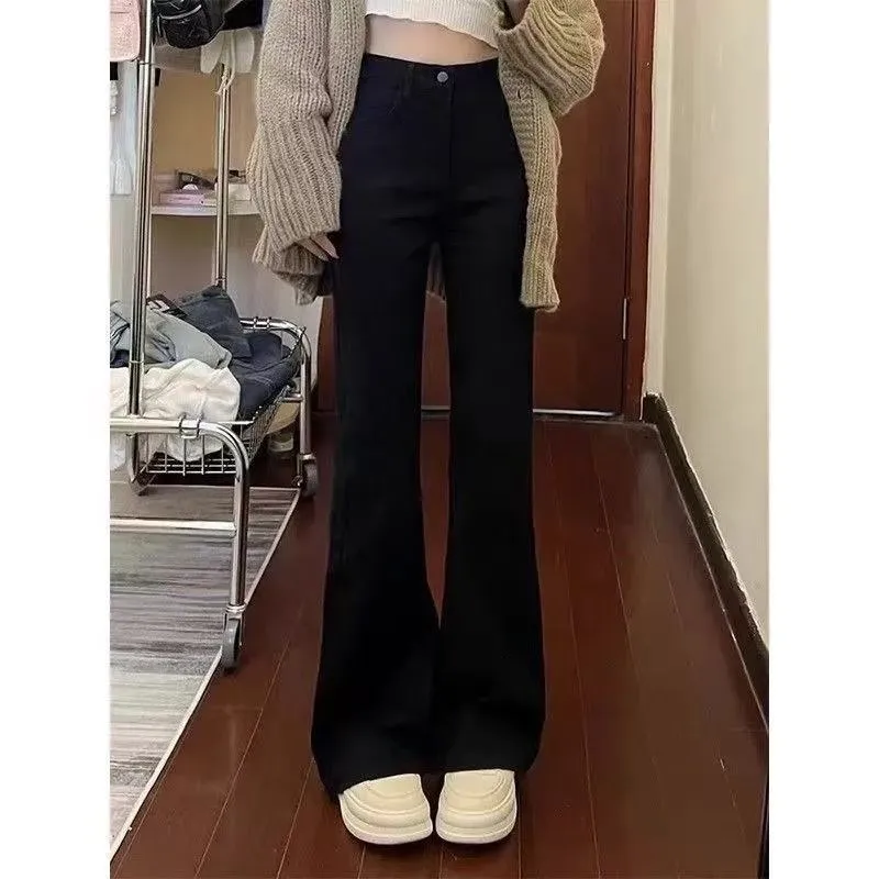 American-style Vintage Khaki Flared High-waist Brown Maillard Loose Floor-length Pants - Black