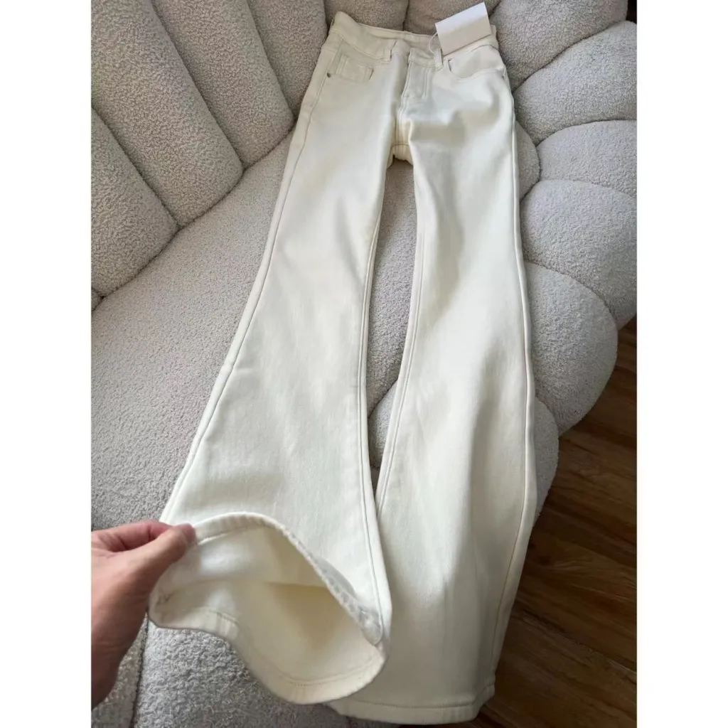 American-style Vintage Khaki Flared High-waist Brown Maillard Loose Floor-length Pants - White Thin