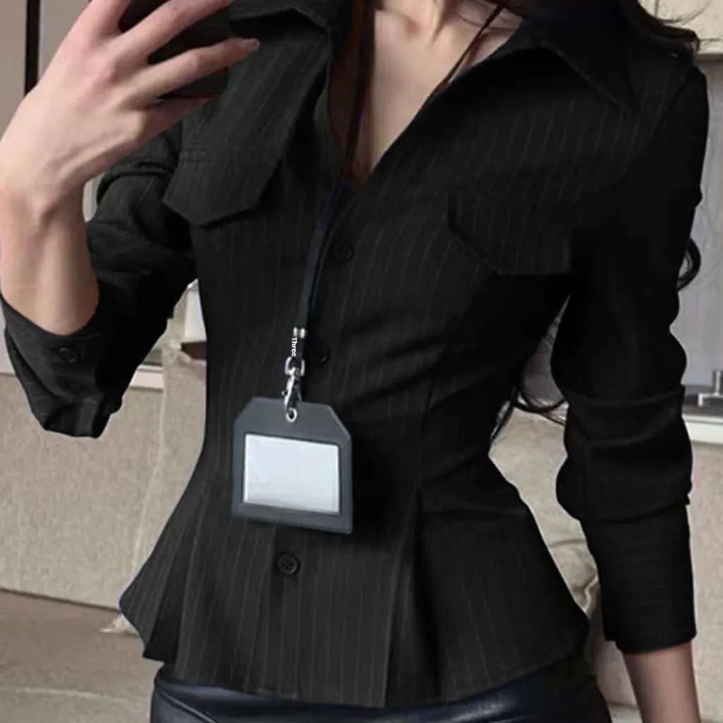 Casual Resort Button-Down Long-Sleeve Shirt Top For Women - Black