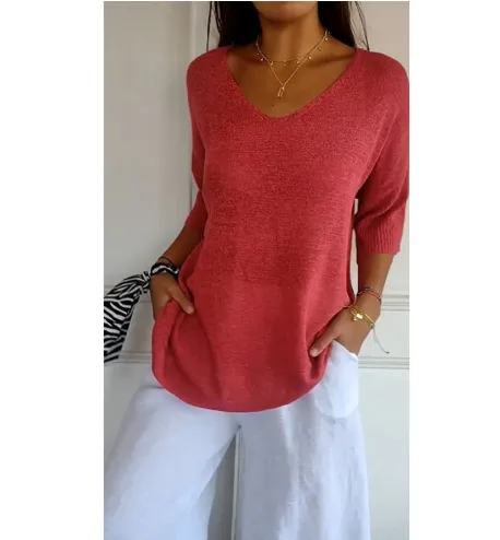 Loose Knitted Long Sleeve T shirt Is Versatile Red - Shop at LoveMi