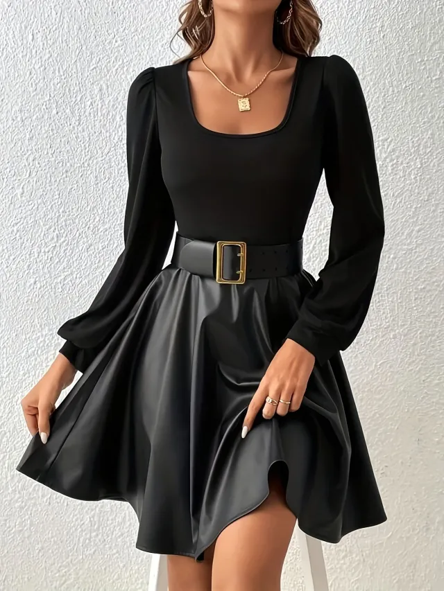 PU Leather Patchwork A line Dress With A Square Neckline And Puff Sleeves Black - Shop at LoveMi