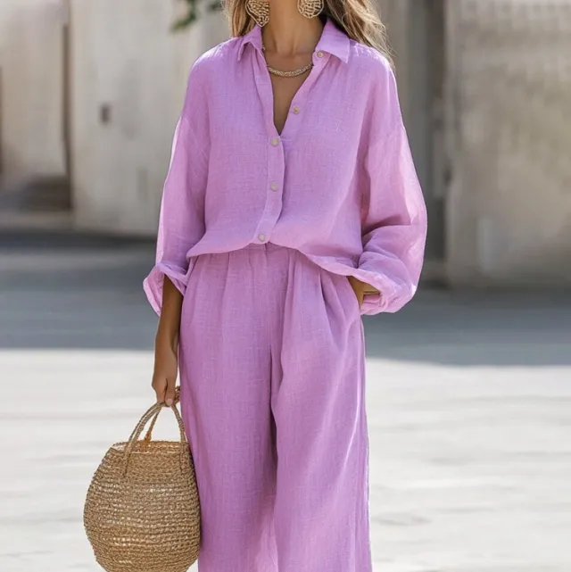 Women's Casual Lapel Long sleeve Shirt And Trousers Set Purple - Shop at LoveMi
