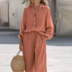Women's Casual Lapel Long-sleeve Shirt And Trousers Set - Orange Red - View 1