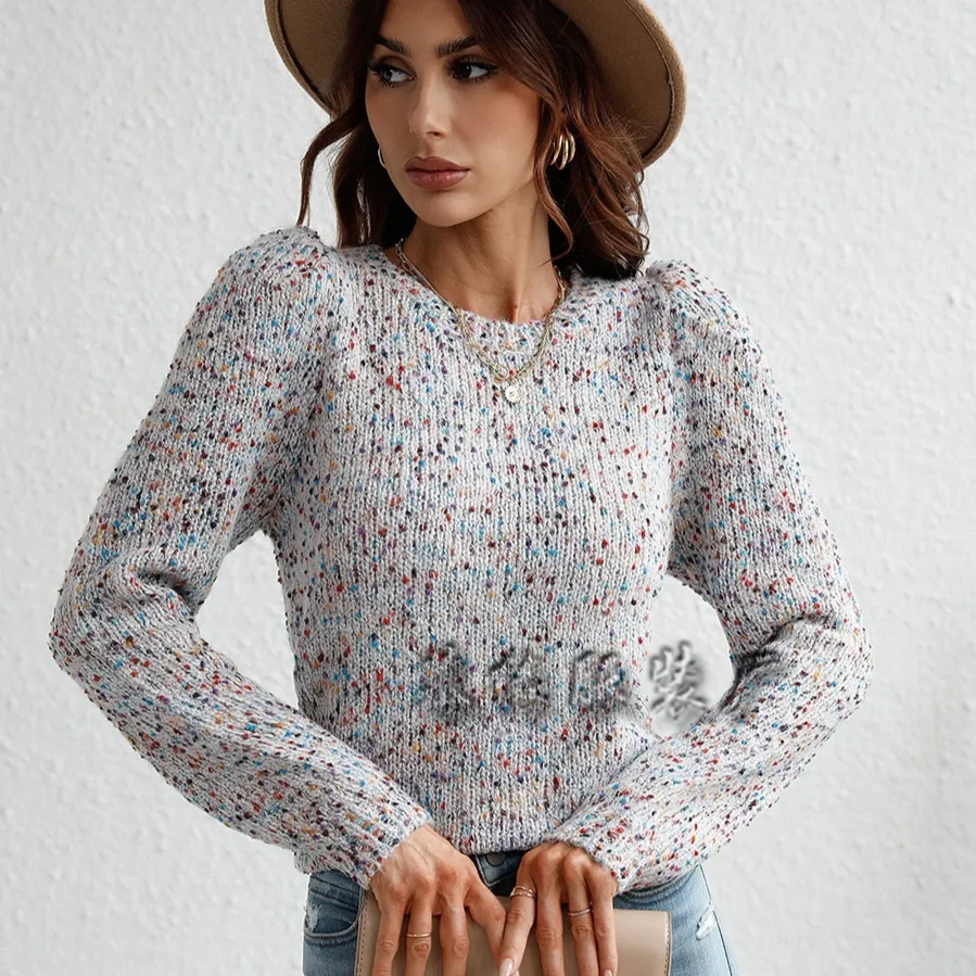 Elegant Commuter Round-Neck Dotted Yarn Knitted Sweater For Women - Beige