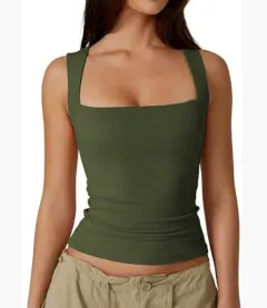 Summer Square-neck Tank Vest Ins Fashion Slim Solid Sleeveless Tops For Women Clothing - Army Green - View 1