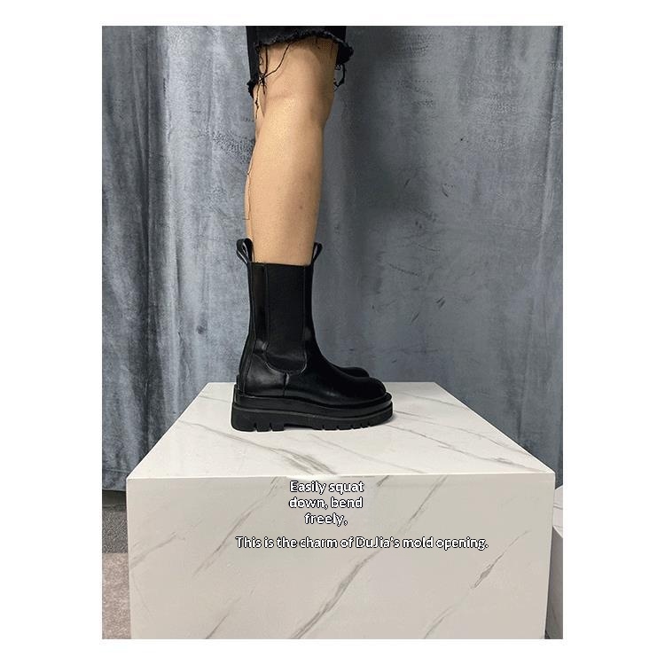 Women’s British-Style Mid-Calf Thick-Soled Leather Boots