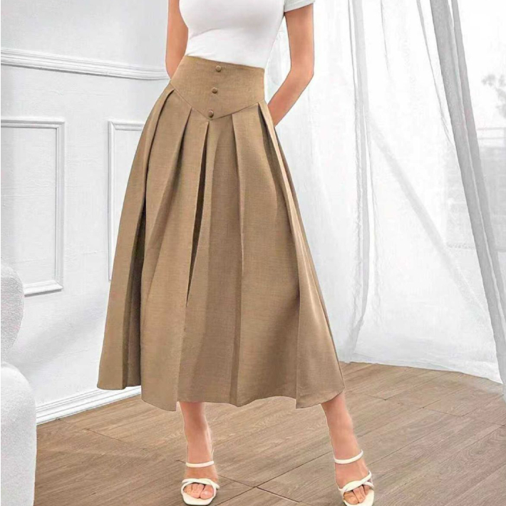 Retro Khaki-colored French-style Draped Maxi Skirt