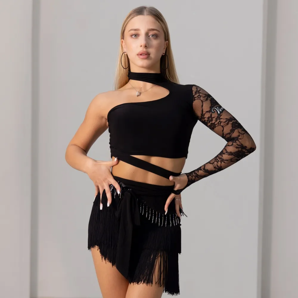 Latin Dance Practice Outfit Lace-spliced Top With Tassel Mini Skirt - Black Suit