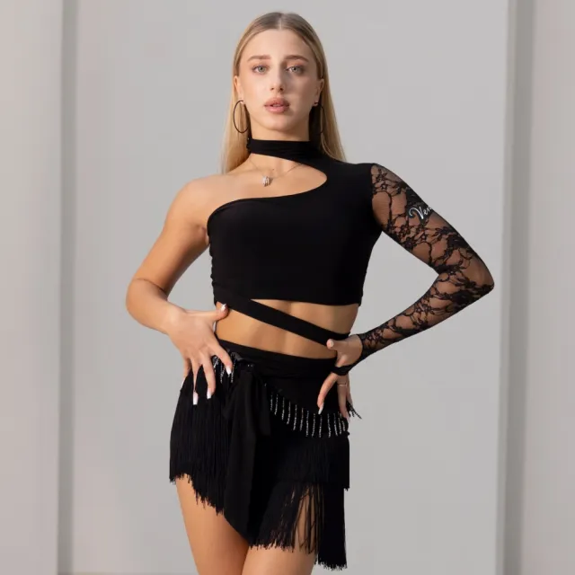Latin Dance Practice Outfit Lace spliced Top With Tassel Mini Skirt Black Suit - Shop at LoveMi
