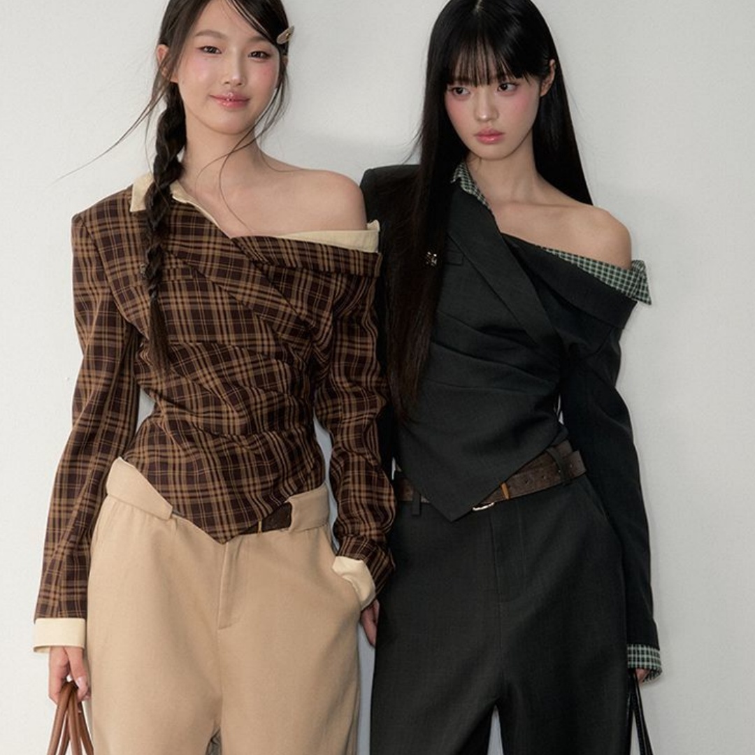 Plaid Off-the-Shoulder Fake Two-Piece Long-Sleeve Shirt For Women