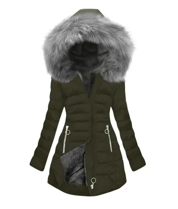 Women's Thick Cotton Coat With A Large Fur Collar Army Green - Shop at LoveMi
