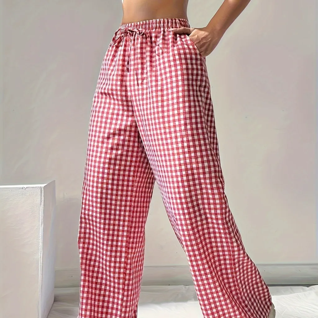 Women's Loose-fit Plaid Lace-up Casual Trousers - Watermelon Red