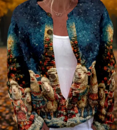 Round Neck Sweater Christmas Button Cardigan Long Sleeve Sweater - Style 21-L
