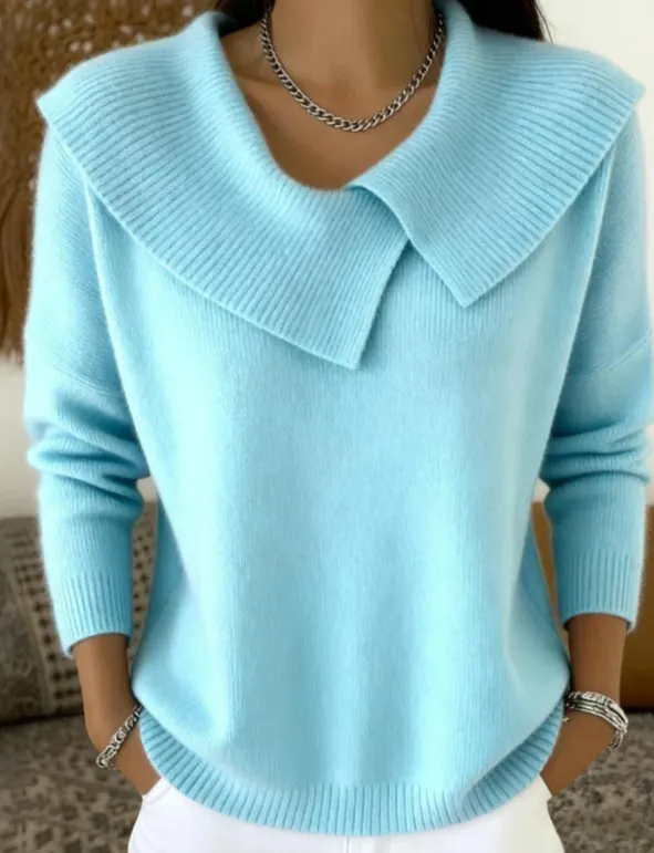 Women's Solid Color Casual V neck Long Sleeved Sweater Sky Blue - Shop at LoveMi