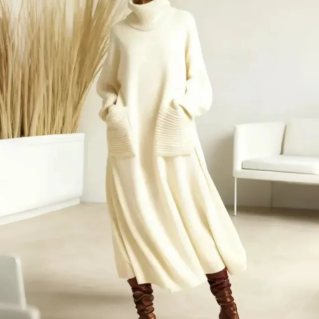 Women's Solid Color High Neck Long Sleeve Casual Loose Knit Dress White - Shop at LoveMi