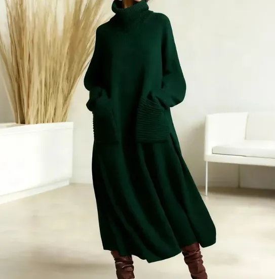 Women's Solid Colour High-Neck Long-Sleeve Casual Loose Knit Dress - Green