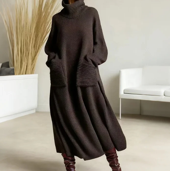 Women's Solid Color High Neck Long Sleeve Casual Loose Knit Dress Brown - Shop at LoveMi