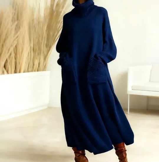 Women's Solid Color High Neck Long Sleeve Casual Loose Knit Dress Blue - Shop at LoveMi