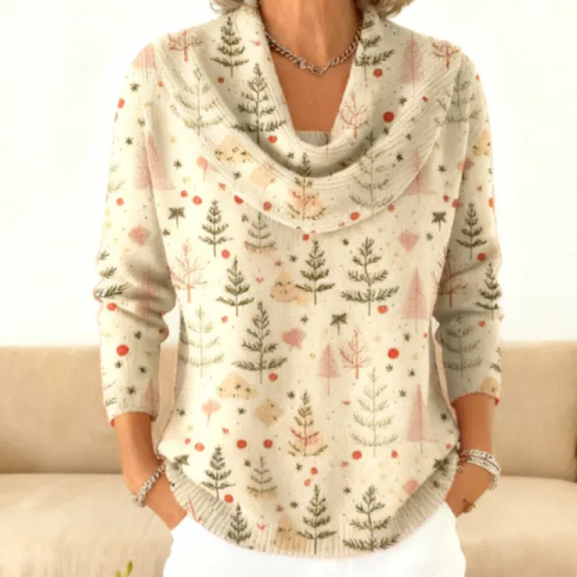 Women's Christmas Tree Pattern Art Print Cowl Neck Sweater Beige - Shop at LoveMi