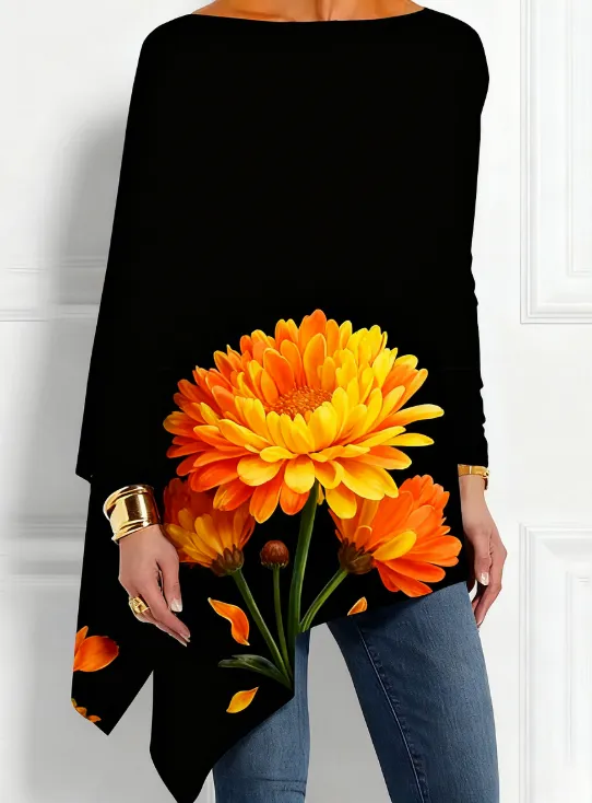 Orange-Yellow Chrysanthemum Print Asymmetrical Hem Top - Black