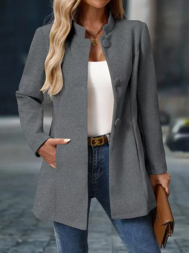 European And American New Fall And Winter Lapels Slim-fit Wool Solid Color Fashion Temperament Coat - Grey