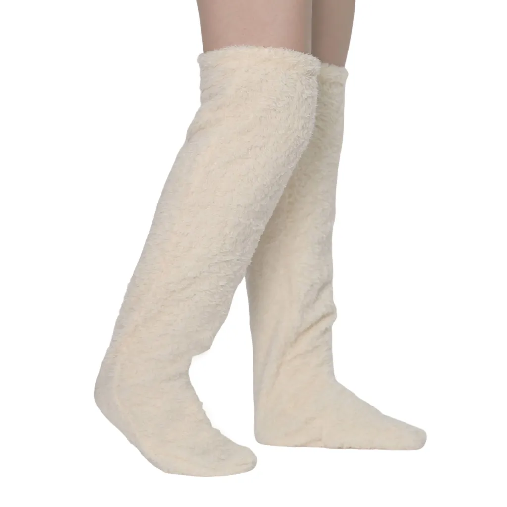 Over Knee High Fuzzy Long Socks Winter Warm Cold Leg Knee Joint Cold-proof Stockings Home Floor Sleeping Socks - White