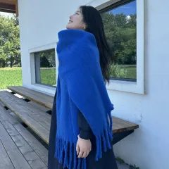 Women's Korean-style Long Scarf Shawl Autumn And Winter New Warm Thickened Tassel - Solid Blue With Lined Finish - View 1
