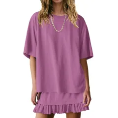 Women's Casual Two-piece Set Crew-neck Short-sleeve Top And Skirt - Violet-S - View 1