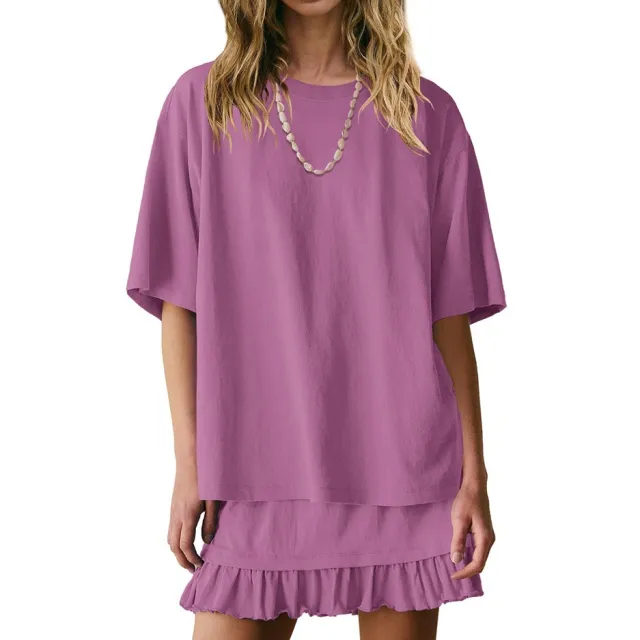 Women's Casual Two piece Set Crew neck Short sleeve Top And Skirt Violet L - Shop at LoveMi