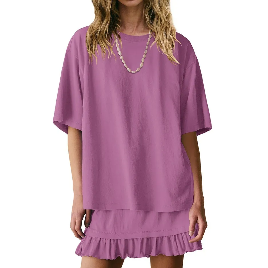 Women's Casual Two-piece Set Crew-neck Short-sleeve Top And Skirt - Violet-L