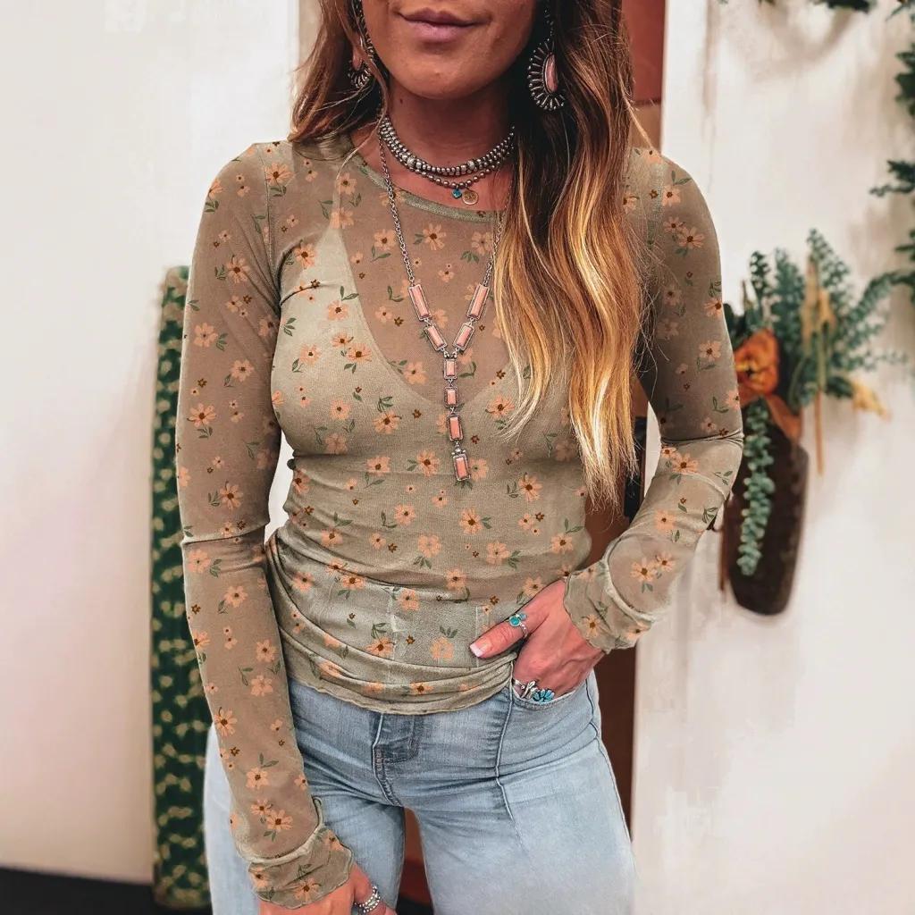 Casual Floral-print Crew-neck Long-sleeve Slim-fit Bottoming Top - Floral