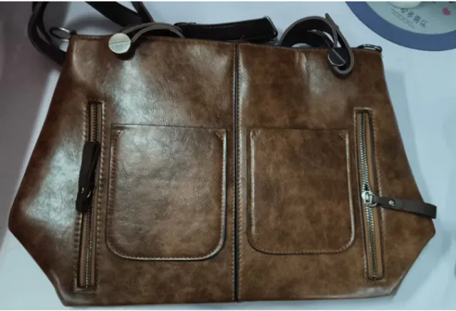 Double Pocket Single Shoulder Diagonal Handbag Fashion Retro PU Oil Leather Tide Bag Brown - Shop at LoveMi