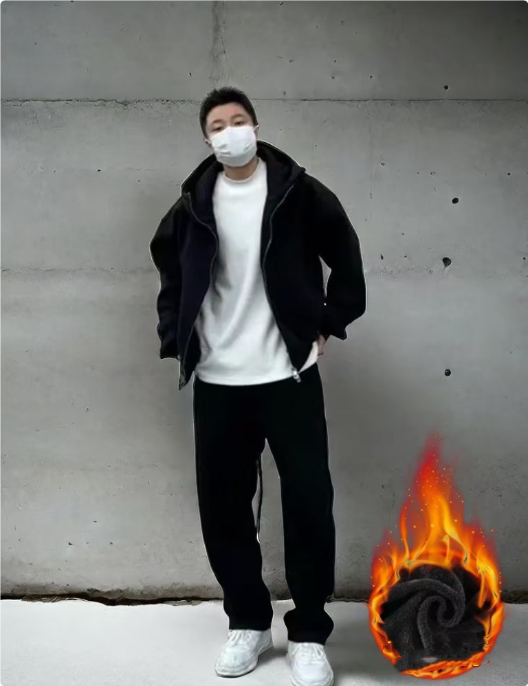 Autumn Winter Fleece-Lined Extra-Thick Men's Set Hoodie And Sweatpants - Image 5