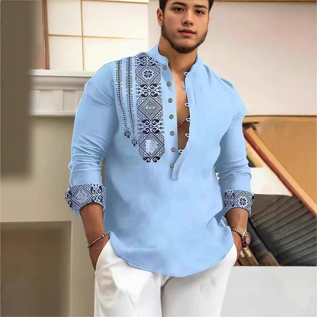 European And American Men's Long-sleeve Casual Printed Shirts