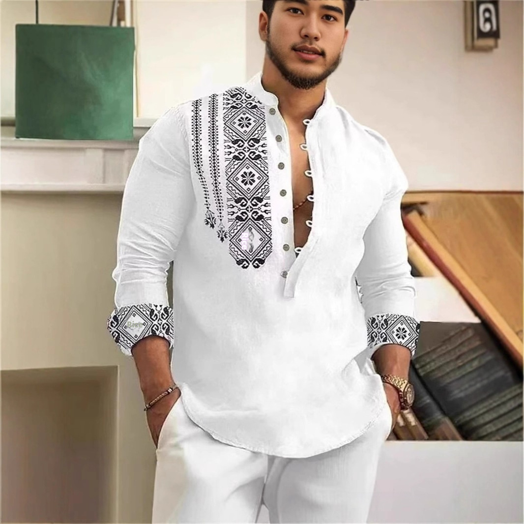 European And American Men's Long-sleeve Casual Printed Shirts - Image 1