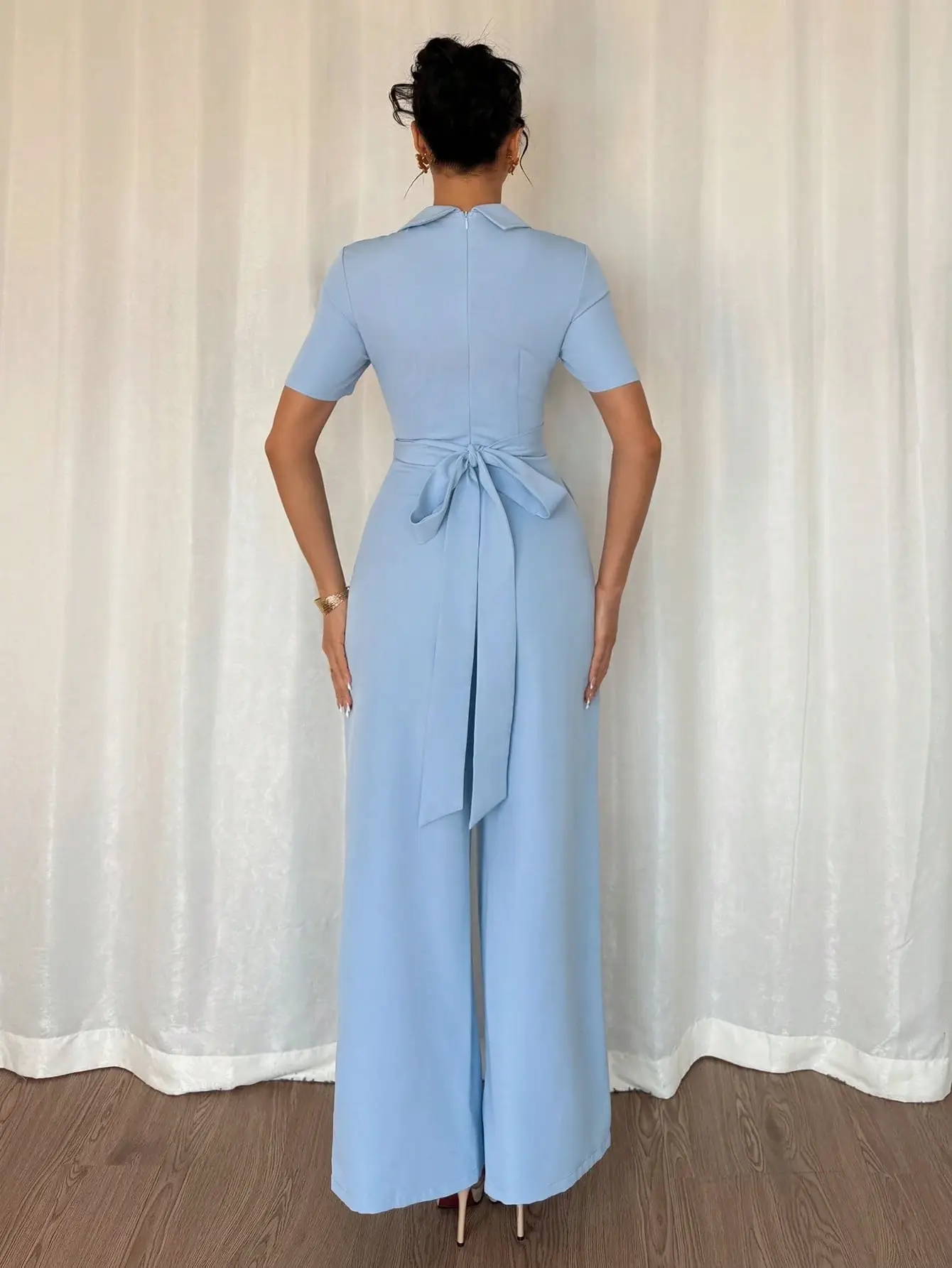 Women's Blue Off-shoulder Belted Slim-fit Jumpsuit