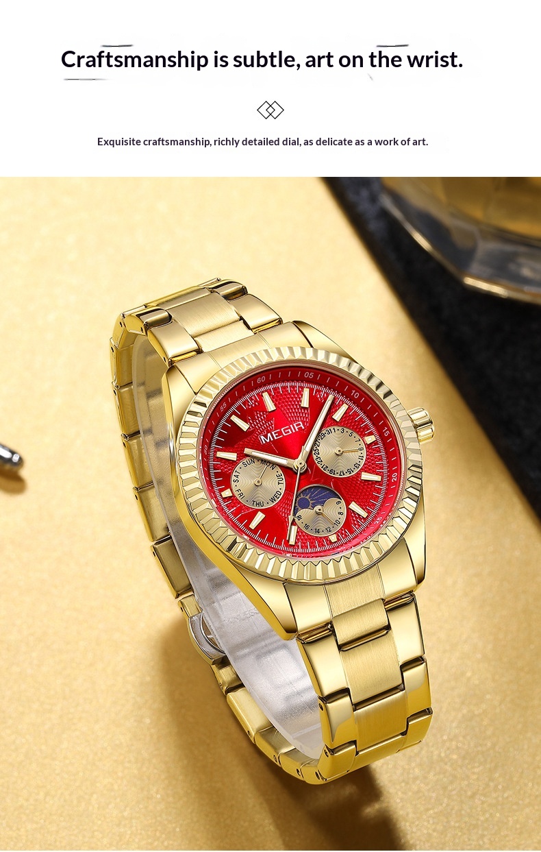 Megir 1102 Lunar Phase Steel-Strap Waterproof Quartz Watch for men