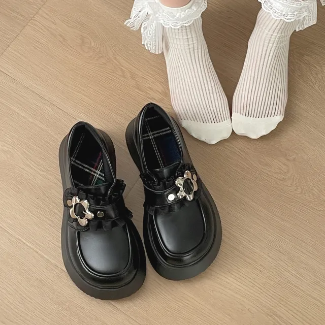 White Retro British Style Thick Soled High Rise Small Leather Shoes Black - Shop at LoveMi